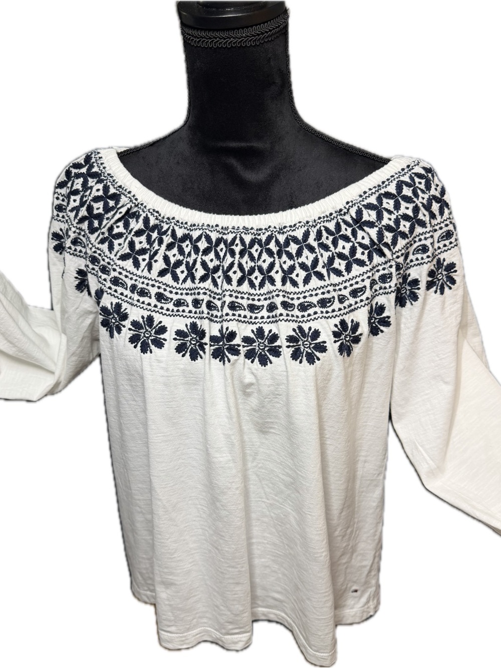 Women’s Tommy Hilfiger White Peasant Blouse with Navy Embroidered Yoke Large